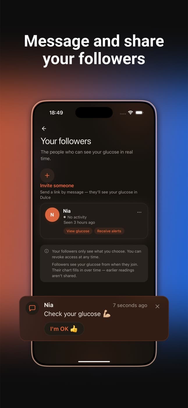 Pantalla de seguidores de Dulce con un mensaje de la familia