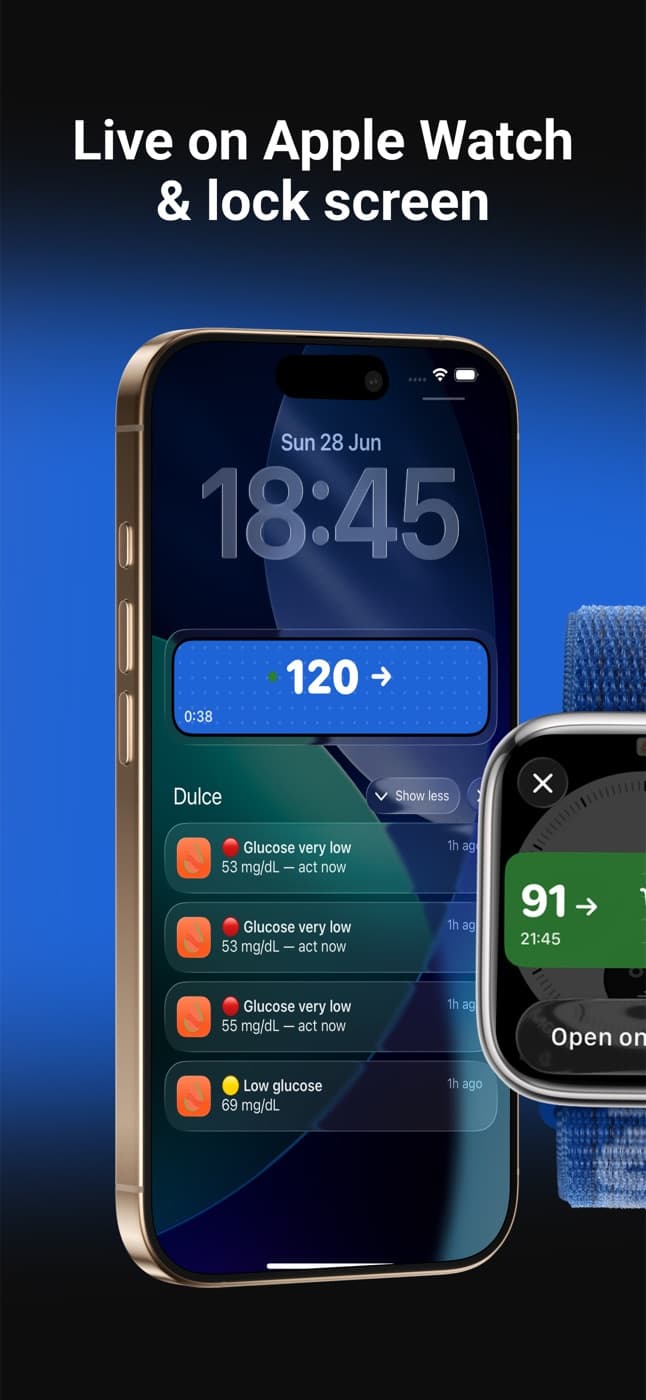 Pantalla de bloqueo del iPhone con la Actividad en vivo de Dulce mostrando 120 mg/dL y avisos de glucosa