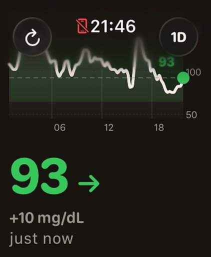 App de Dulce en el Apple Watch con 93 mg/dL, +10 mg/dL y gráfica de un día